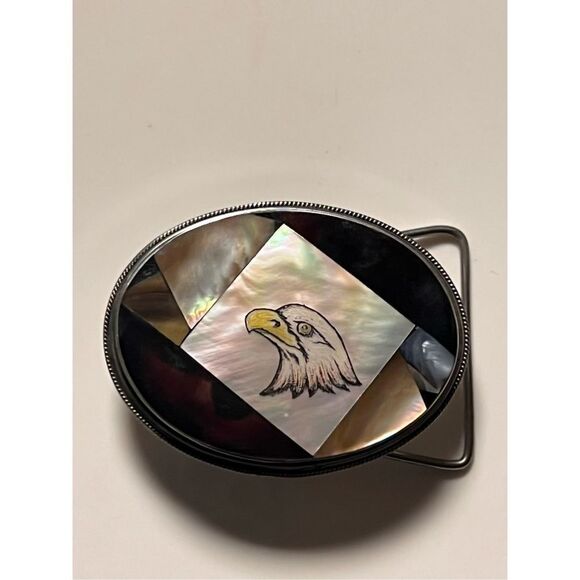 Vintage Abalone & Black Onyx Inlay Eagle Head Belt Buckle - Picture 1 of 10